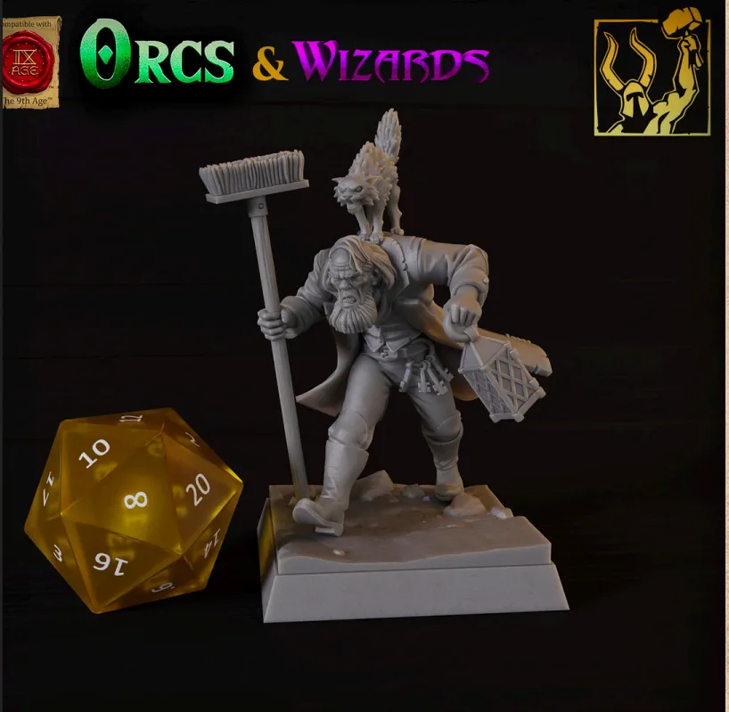 zelador, varredor, personagem cômico, gato, humano, masculino, homem, vassoura, escola de magia