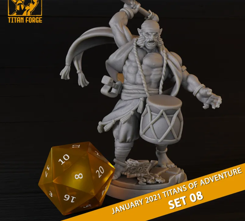 meio orc, meio ogro, bardo, música, músico, suporte, instrumento musical, tambor, tamborim, homem, masculino