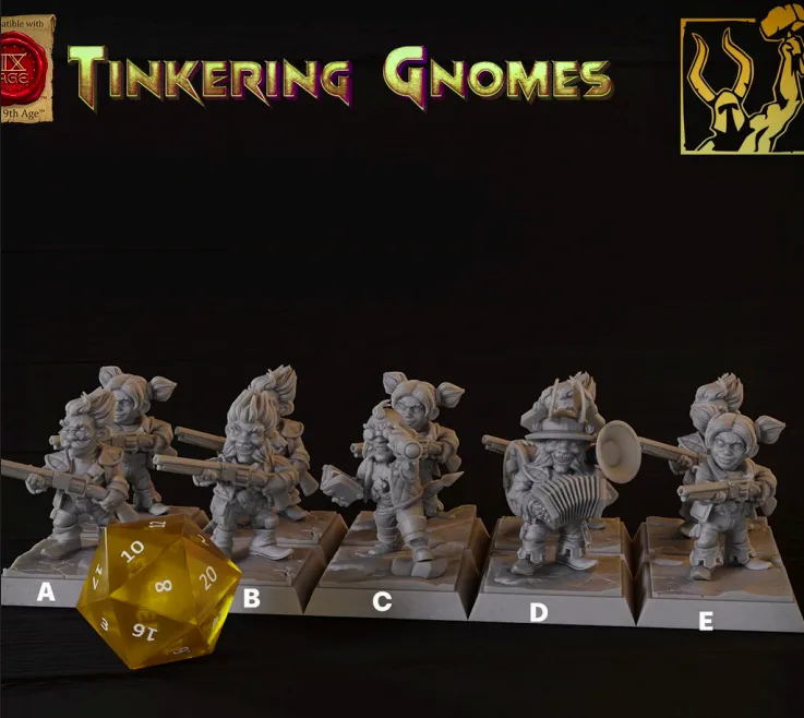 gnomo, gnoma, infantaria, pistoleiro, pistoleira, arma, fogo, guerreiro, soldado, homem, masculino, feminino, mulher, bardo, mago, livro, pistola, rifle, sanfona, musica, insturmneto musical