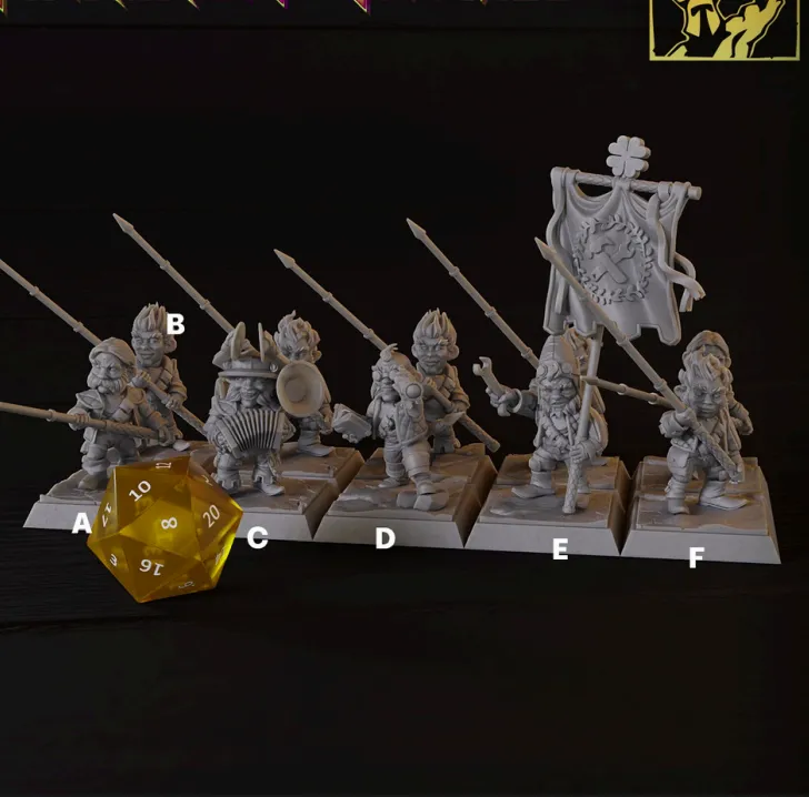 gnomo, infantaria, lança, soldado, guerreiro, bardo, lança, sanfona, bandeira, homem, masculino, musica, insturmneto musical