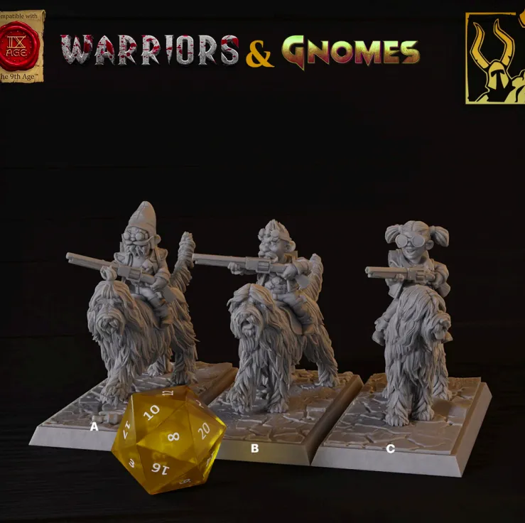 gnomo, gnoma, infantaria, pistoleiro, pistoleira, arma, pistola, arma de fogo, rifle, montaria, cães, cão, cachorro, , cachorro, animal, animais, animais, homem, masculino, feminino, mulher